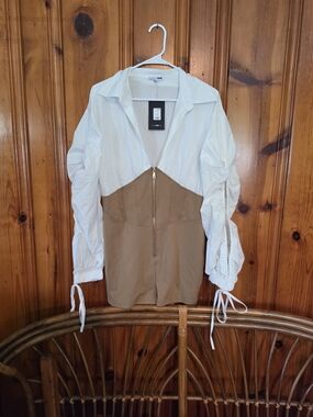 Fashion Nova White and Tan Two-Tone Zip Front Romper
